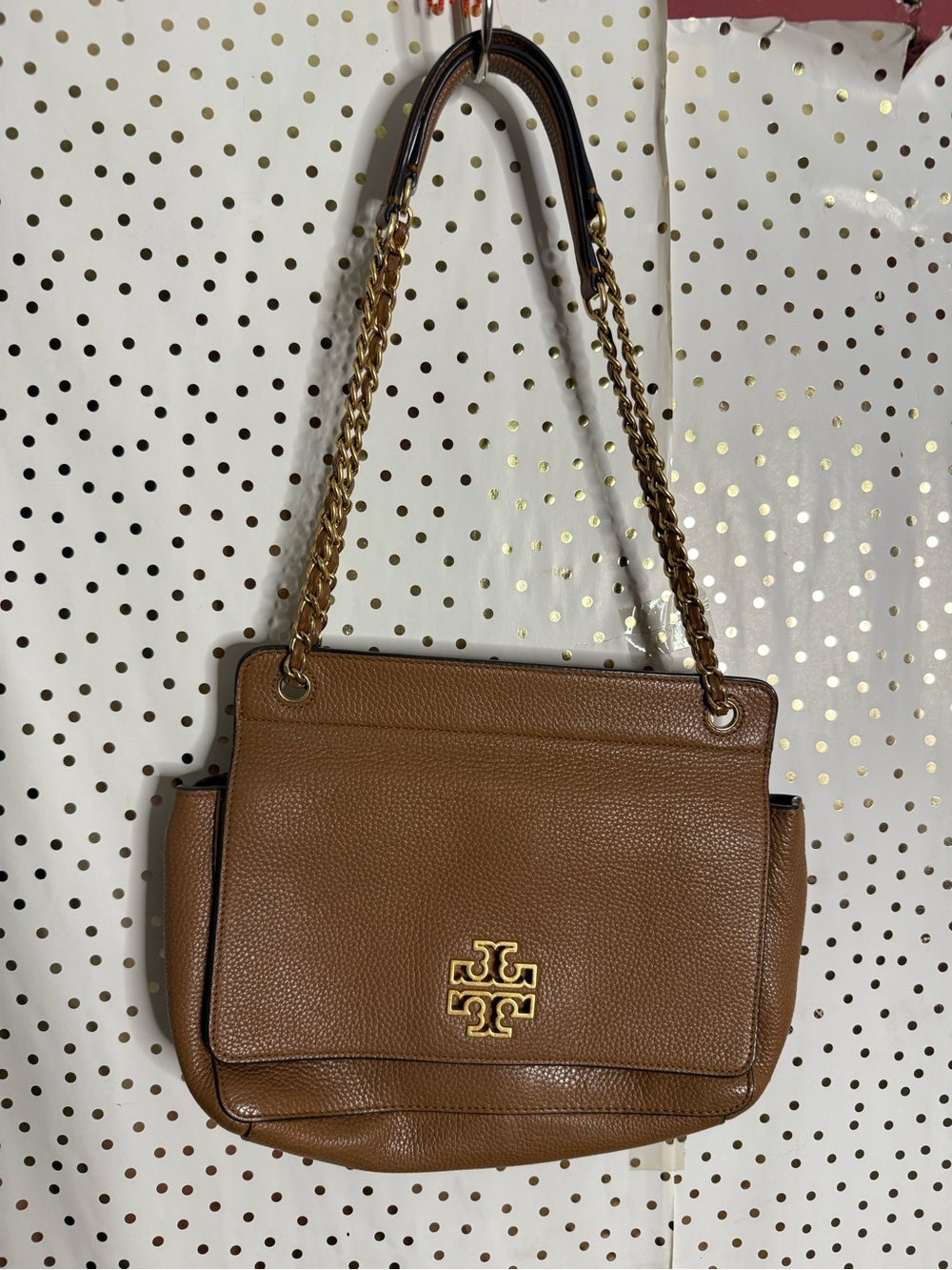 Tory Burch Brown Pebbled Leather Shoulder Bag with Gold Chain
